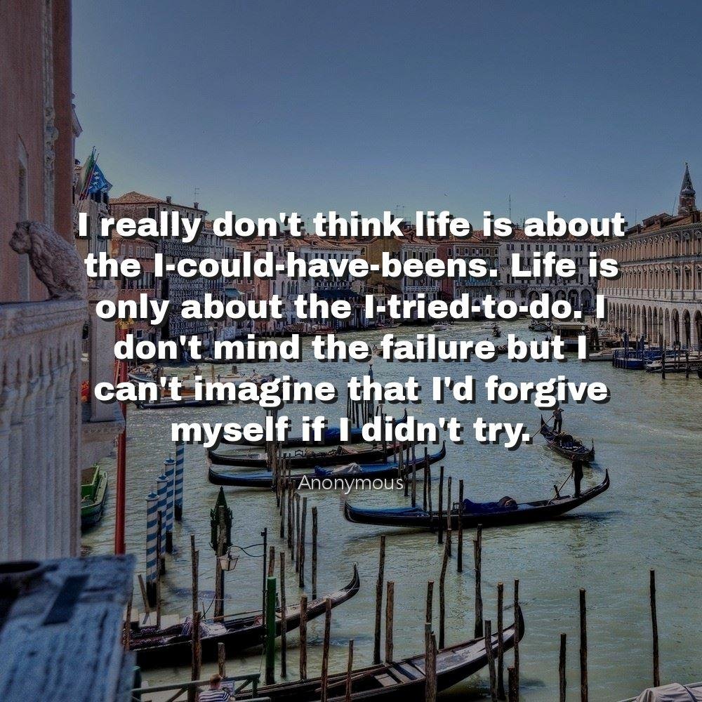 I really don't think life is about the I-could-have-beens. Life is only about the I-tried-to-do. I don't mind the failure but I can't imagine that I'd forgive myself if I didn't try.